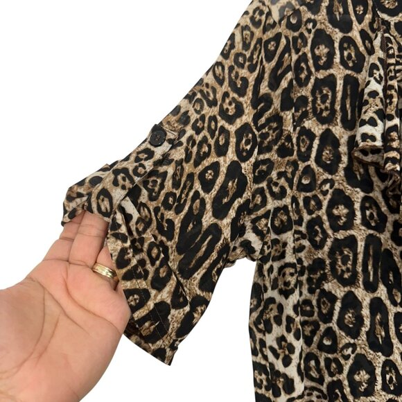 Siren Lily Strech Mesh Leopard Print Ruffled Top Blouse Women 1X Ruffle V neck - Picture 9 of 12
